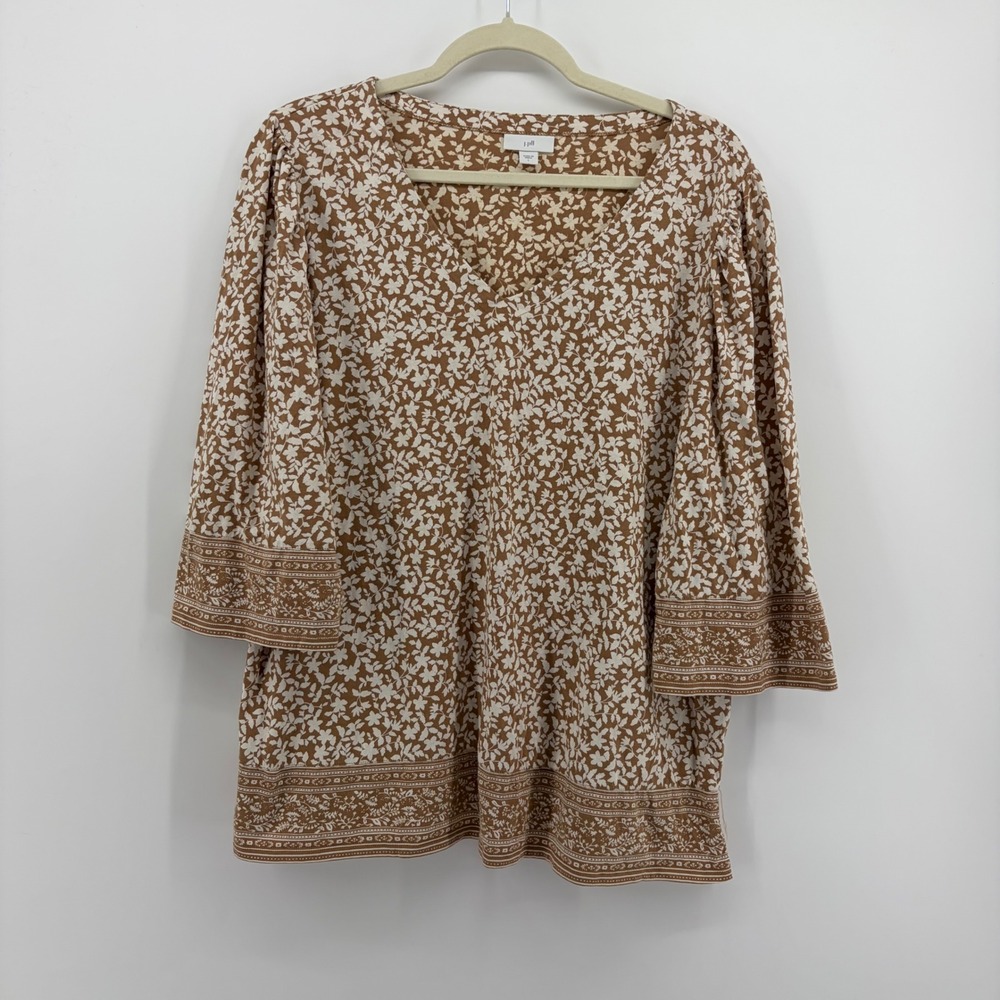 J. Jill Womens Large Brown Floral V-Neck 3/4 Sleeve Cotton Tunic Top